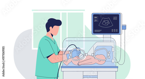 Neonatal Intensive Care: Doctor Examines Premature Baby in Incubator with Ultrasound