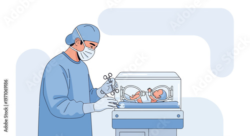 Neonatal intensive care: Doctor in surgical attire caring for premature baby in incubator