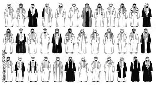 Diverse depictions of traditional Arab attire, showcasing cultural heritage and fashion.