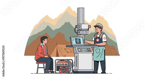 Mobile X-ray Unit in Remote Area: Doctor Examines Patient with Generator Power