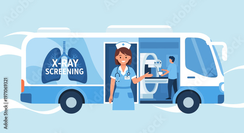 Mobile X-Ray Screening Unit: Nurse and Patient in Medical Van for Lung Health Check