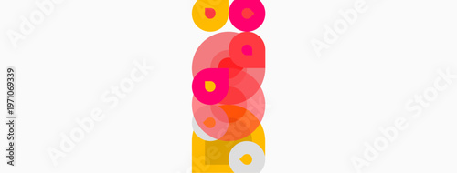Abstract composition featuring overlapping circles. Pink, orange, yellow hues dominate white background. Simple geometric forms create dynamic visual effect.