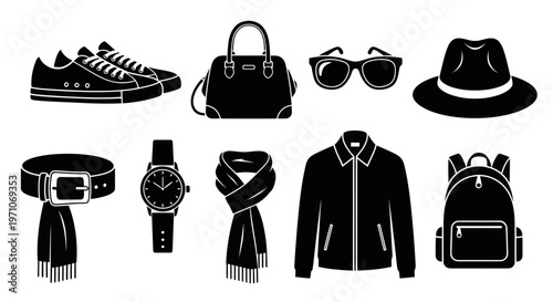 Apparel and Fashion Accessories Black Glyph Icons Set - Clothing, Footwear, Bags  Personal Items