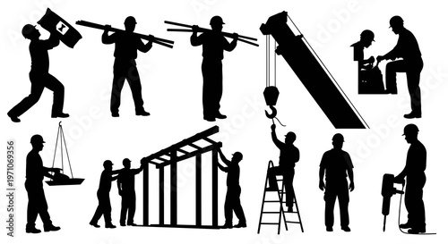 Vector Silhouettes of Construction Workers, Laborers  Industrial Building Equipment
