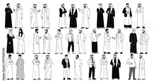 Diverse Group of Arab Men in Traditional Attire Posing Together.