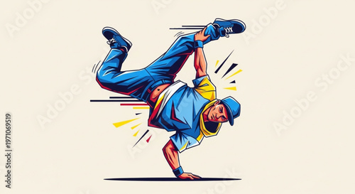 Young man performing dynamic breakdancing move spinning on one hand with vibrant motion lines blue and yellow outfit on beige background