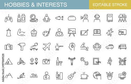 趣味や興味があることに関するラインアイコンセット（線幅変更可能）