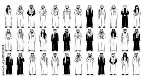 Diverse group of Arab men in traditional attire, standing together.