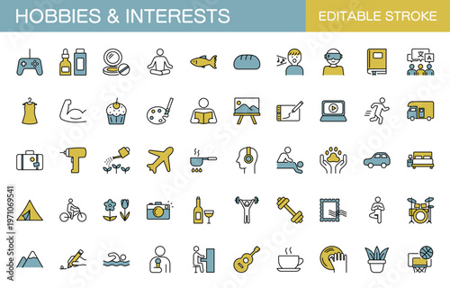 趣味や興味があることに関するラインアイコンセット（線幅変更可能・カラー）