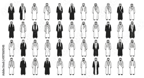 Diverse group of Arab men in traditional attire, standing together.