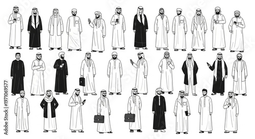 Diverse Group of Arab Men in Traditional Attire, Standing Together.