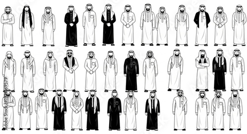 Diverse group of Arab men in traditional attire, standing together.