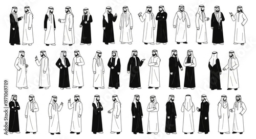 Diverse Group of Arab Men in Traditional Attire, Standing Together.
