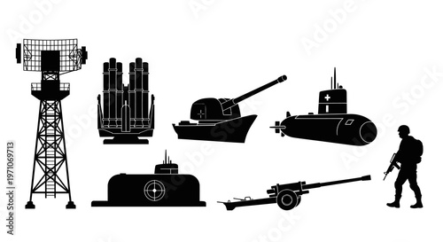 Black  White Silhouette Vector Icons: Military Soldier, Radar, Submarine, Warship, Artillery, Missile