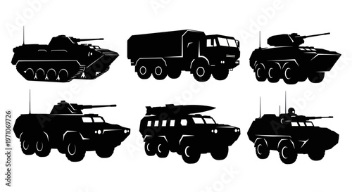 Military Vehicles Silhouette Vector Icons Set - Army Transport, Tank, Armored Cars, Missile Launcher