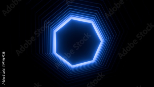 Abstract Blue Glowing Hexagonal Tunnel Background, Futuristic Neon Light Portal with Dark Shadows