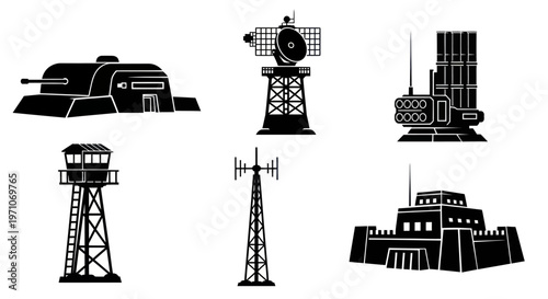 Military Base, Defense Equipment, and Security Installations Icons - Black  White Silhouettes