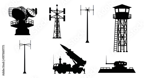 Military and Defense Technology Structures and Equipment Silhouettes Vector Art Set
