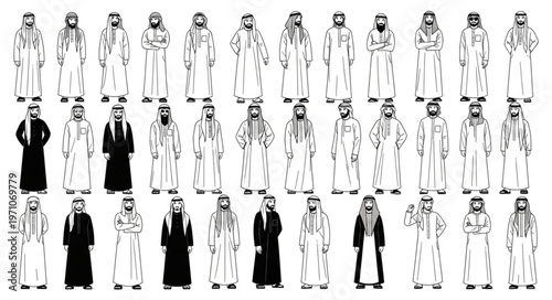 Diverse group of Arab men in traditional attire, standing together.