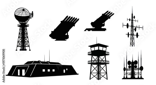 Military Defense Communication Structures Black  White Silhouettes Vector Set