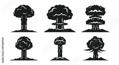 Military Danger: Atomic Mushroom Cloud Explosion Black  White Glyphs Vector Icons Set