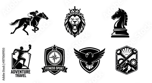 Monochromatic Vector Logo Collection: Animals, Sports, Adventure, and Industrial Symbol Designs