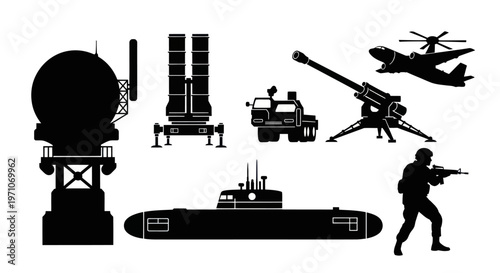 Military Defense Weapons, Vehicles, Equipment, Soldier Black Silhouette Vector Icons Set