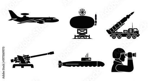 Military Defense Glyph Icons Set: Aircraft, Missile, Submarine, Artillery, Radar, Soldier