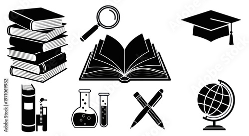 Educational and Science Glyph Icons Set: Books, Graduation Cap, Globe, Labware, Magnifier, Pens