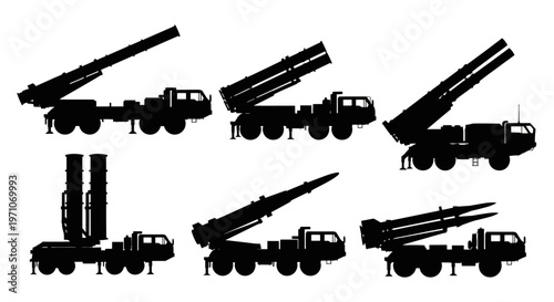 Military Missile and Rocket Launcher Systems Vector Silhouettes Set