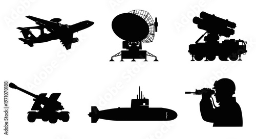 Military Defense Silhouettes: Aircraft, Submarine, Radar, Missile System, Artillery, Soldier