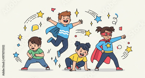 Diverse group of children dressed as superheroes, celebrating childhood imagination and play.