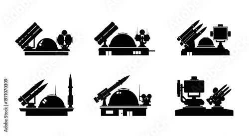 Military Defense Missile  Air Defense Systems Vector Glyph Icons Set - Radar  Launchers Silhouettes