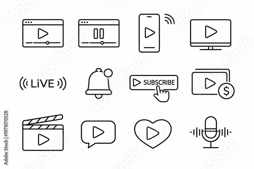 Streaming and media icons: live, subscribe, video, podcast, streaming