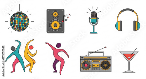 Colorful party icons set with disco ball speakers microphone headphones dancers boombox and cocktail
