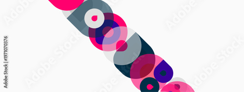 Abstract circles overlap, creating vibrant color patterns. Pink, purple, teal hues dominate white background. Modern design element.