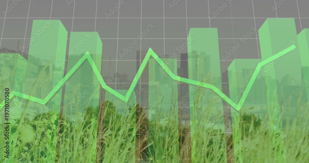 Fototapeta premium Displaying translucent green 3D bar chart with neon line over grassy foreground, grey grid skyline