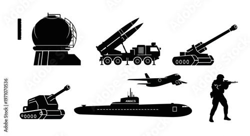 Military and Defense Industry Silhouette Icons: Weapons, Vehicles, Soldier Vector Glyph Set