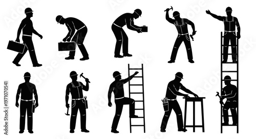 Black and White Construction Workers Builders with Tools and Ladder Silhouette Glyph Icons