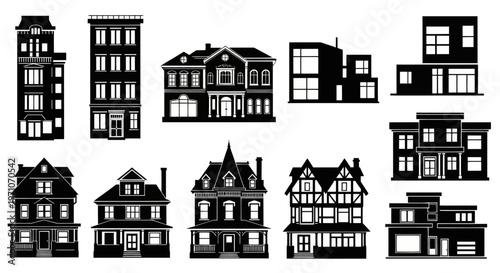 Architectural Building and House Silhouettes Glyphs Icons Vector Set