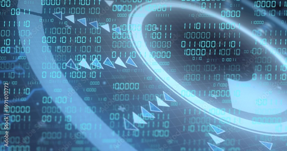 Obraz premium Displaying glossy circular ring on right at virtual HUD, showing binary matrix and chevron icons
