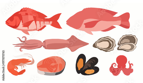 Fresh seafood vector set with fish, shrimp, squid, oysters, and mussels in cartoon flat style
