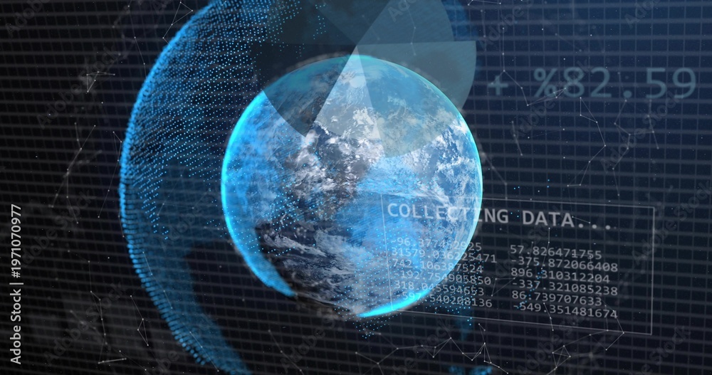Fototapeta premium Rotating Earth globe showing data on console, with wireframe hemisphere, rings, COLLECTING DATA