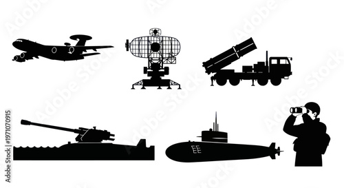 Military  Defense Silhouettes Set: Aircraft, Radar, Rocket Launcher, Submarine, Gunboat  Observer Vector