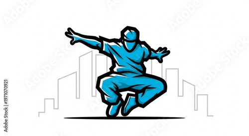 Man in blue clothes dancing energetically in front of a city skyline at night with arms outstretched
