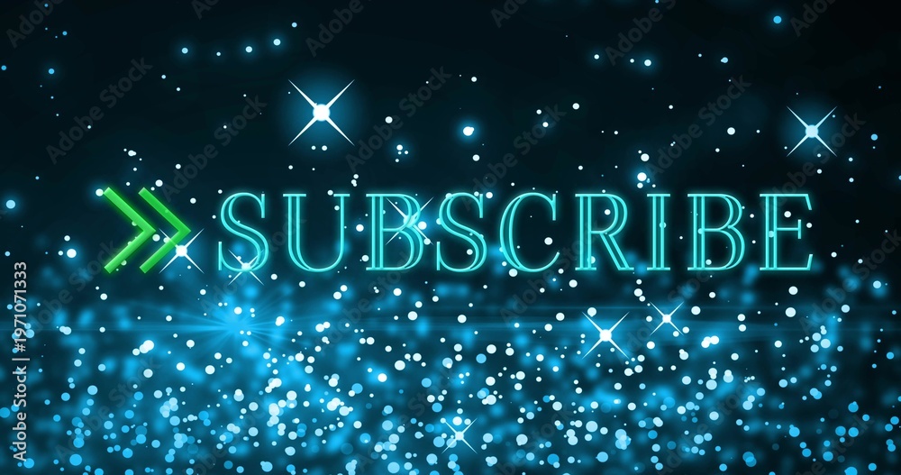 Fototapeta premium Showing neon teal SUBSCRIBE glowing on gradient with green double-chevron arrow, bokeh stars, flare