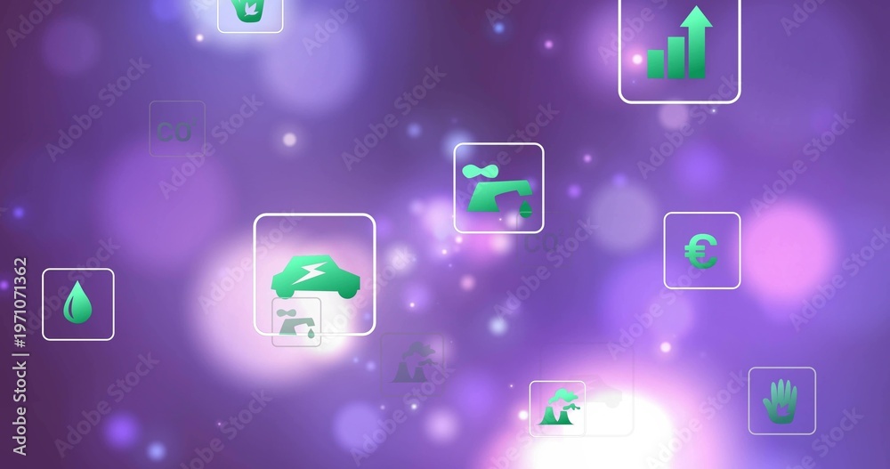 Naklejka premium Floating translucent tiles showing green icons with electric car lightning bolt over purple bokeh