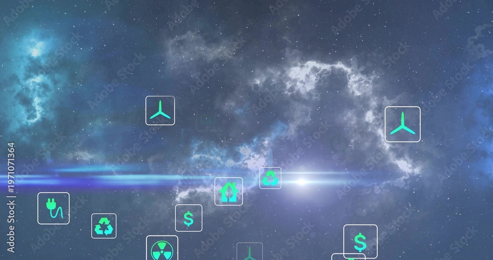 Fototapeta premium Floating translucent teal badge cluster drifting in space, with energy and eco icons