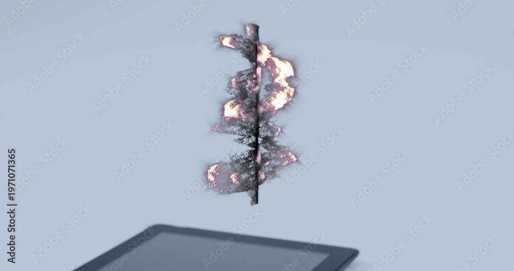 Fototapeta premium Floating slender vertical branch glowing above minimalist studio surface, with dark tablet