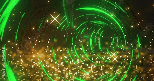 Spiraling neon green rings drawing eye into scifi tunnel, with golden bokeh, star flares, mirror